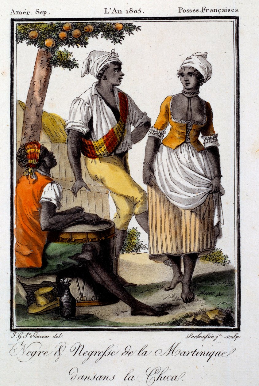 Danse traditionnelle : habitants de la Martinique dansant la chica. Gravure de 1805 - French School