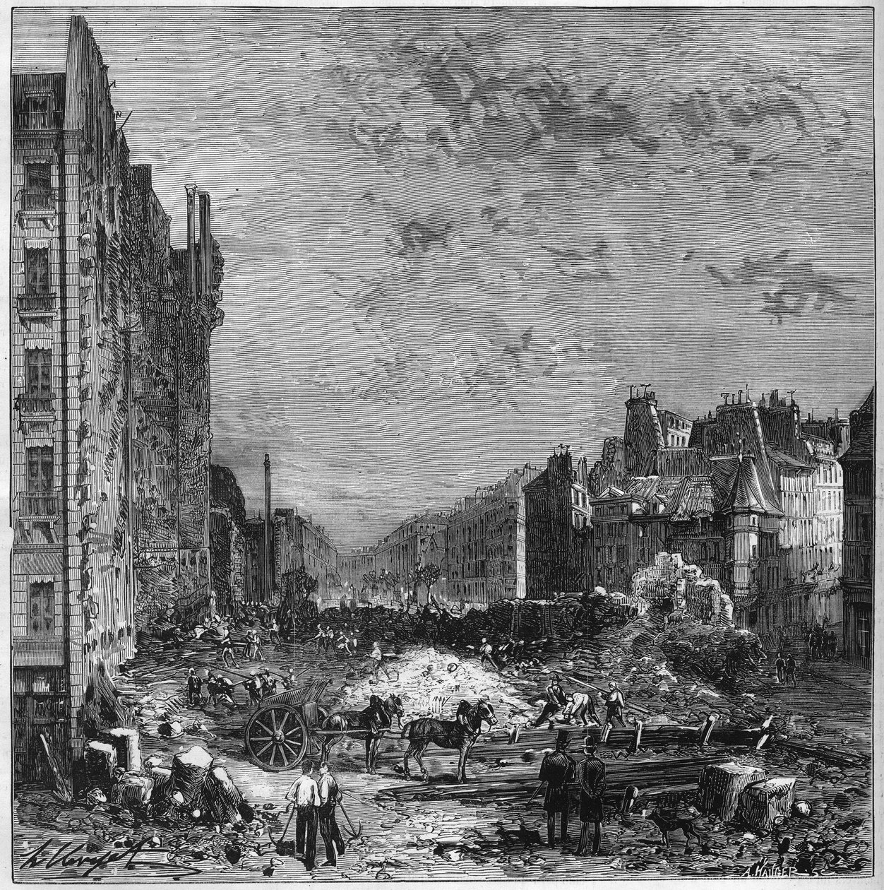 Transformation de Paris sous le Second Empire : Travaux des boulevards Haussmann. Ouverture de la nouvelle section entre la rue Hautefeuille et la rue de l