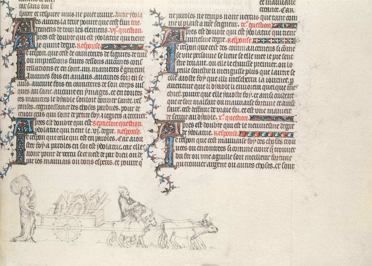 Transport des biens dans une charrette tirée par des bœufs, miniature inachevée de la Bible de Jean de Sy, c.1355 - French School