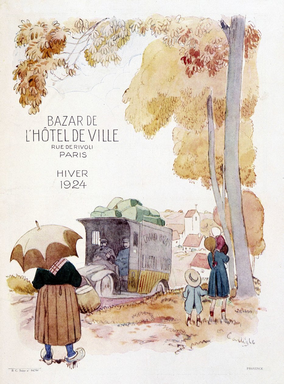 Marchands ambulants à la campagne. Affiche publicitaire de 1924 pour le Bazar de l