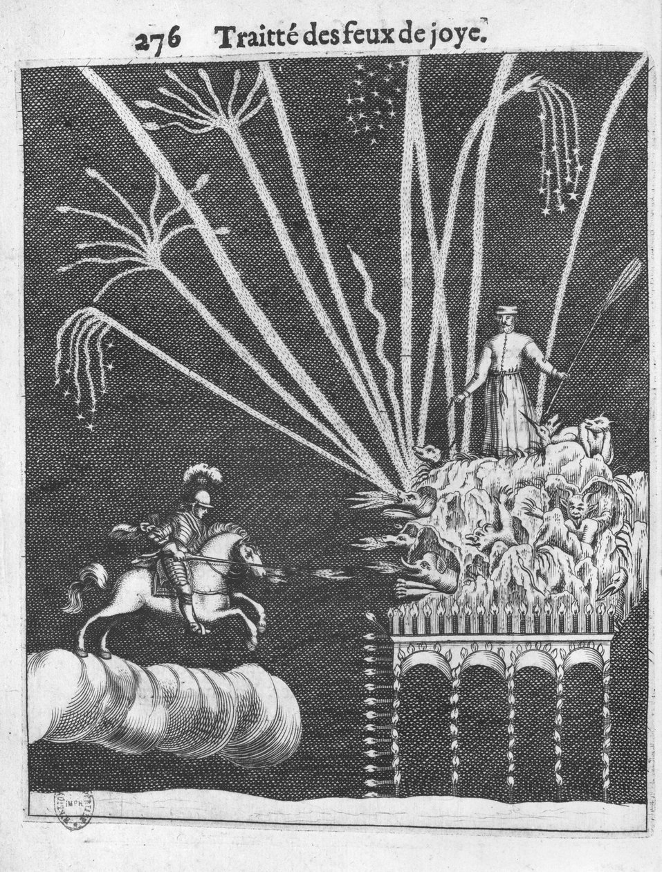 Traité des feux de joie, illustration de Pratique de la Guerre par François Malthus, Paris, 1656 - French School