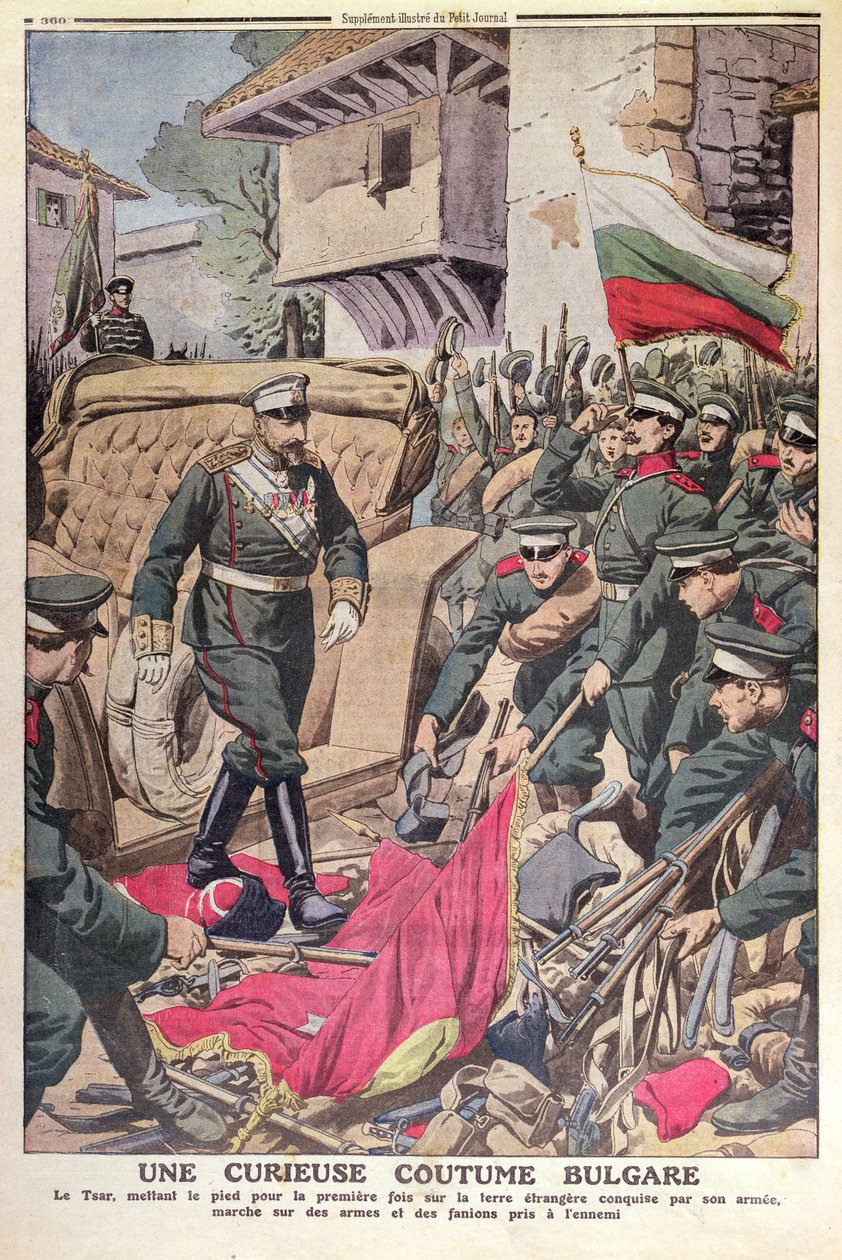 Tsar Ferdinand I (1861-1948) de Bulgarie marchant sur des drapeaux capturés pendant la guerre balkanique de 1912, novembre 1912 - French School