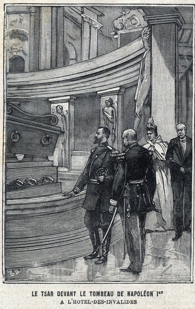 Tsar Nicolas II de Russie (1868-1918) et Tsarine Alexandra Fiodorovna Romanova (1872-1918) devant la tombe de Napoléon Ier Bonaparte à l