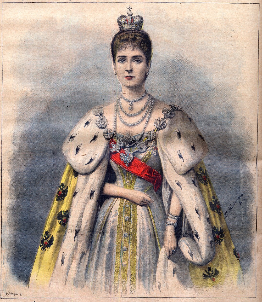 Tsarine Alexandra de Russie dans ses robes de couronnement - Tsarine Alexandra Fiodorovna en costume sacré. Illustration pour Le Petit Journal, 24 mai 1896 (gravure) - French School