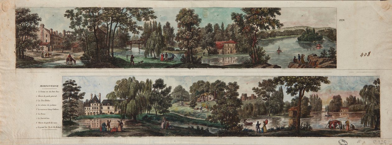 Deux vues du parc de Mortefontaine avec légendes (eau-forte avec aquarelle sur papier) - French School