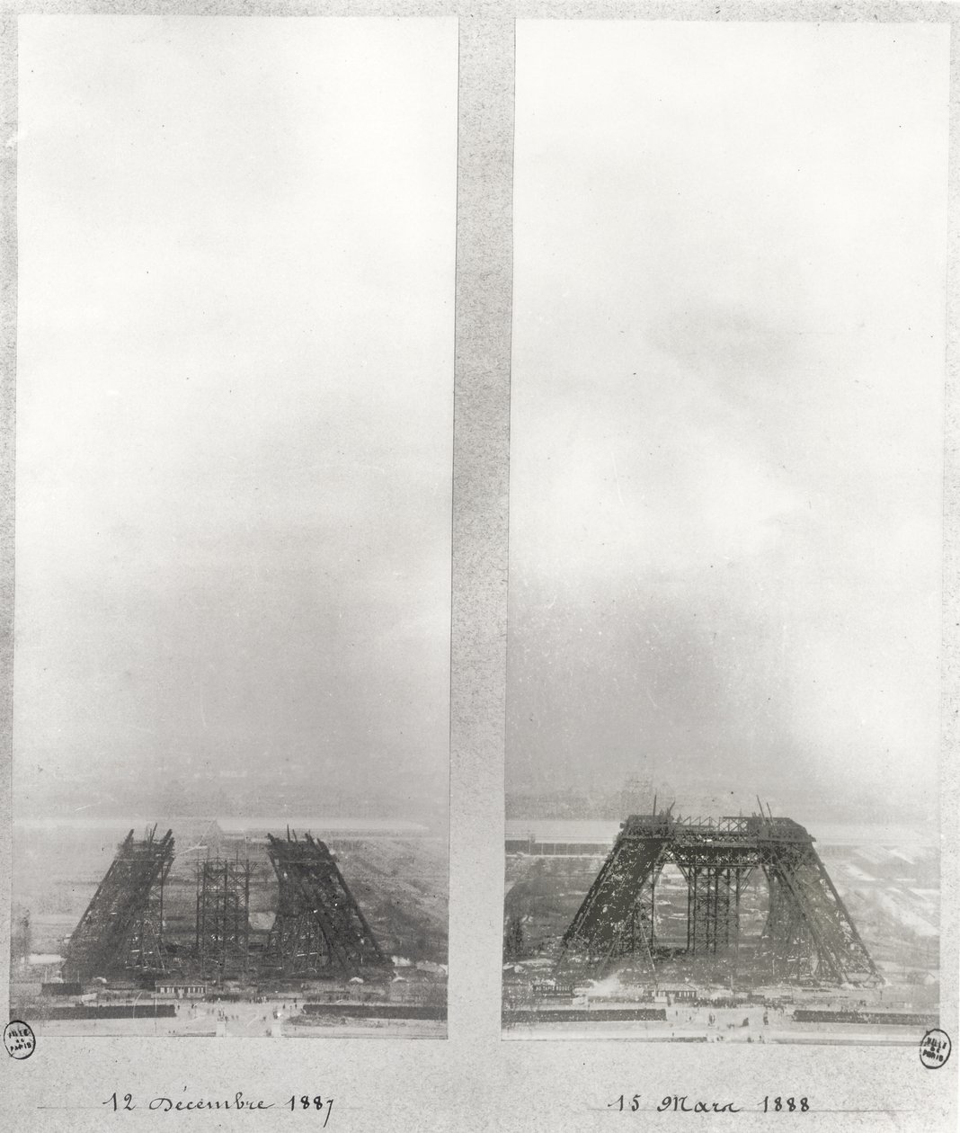 Deux vues de la construction de la Tour Eiffel, Paris, 12 décembre 1887 et 15 mars 1888 - French School