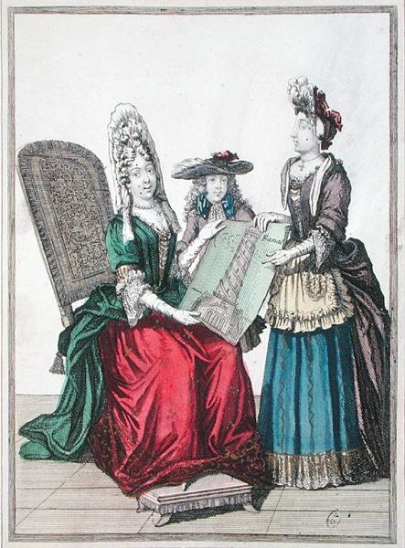 Deux femmes et un garçon admirant une gravure du Grand Phare d