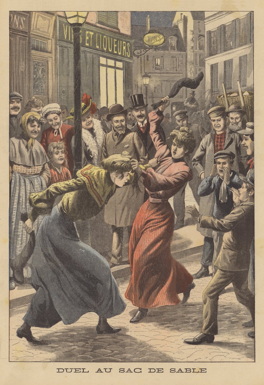 Deux femmes se battant avec des bas remplis de sable (lithographie couleur) - French School