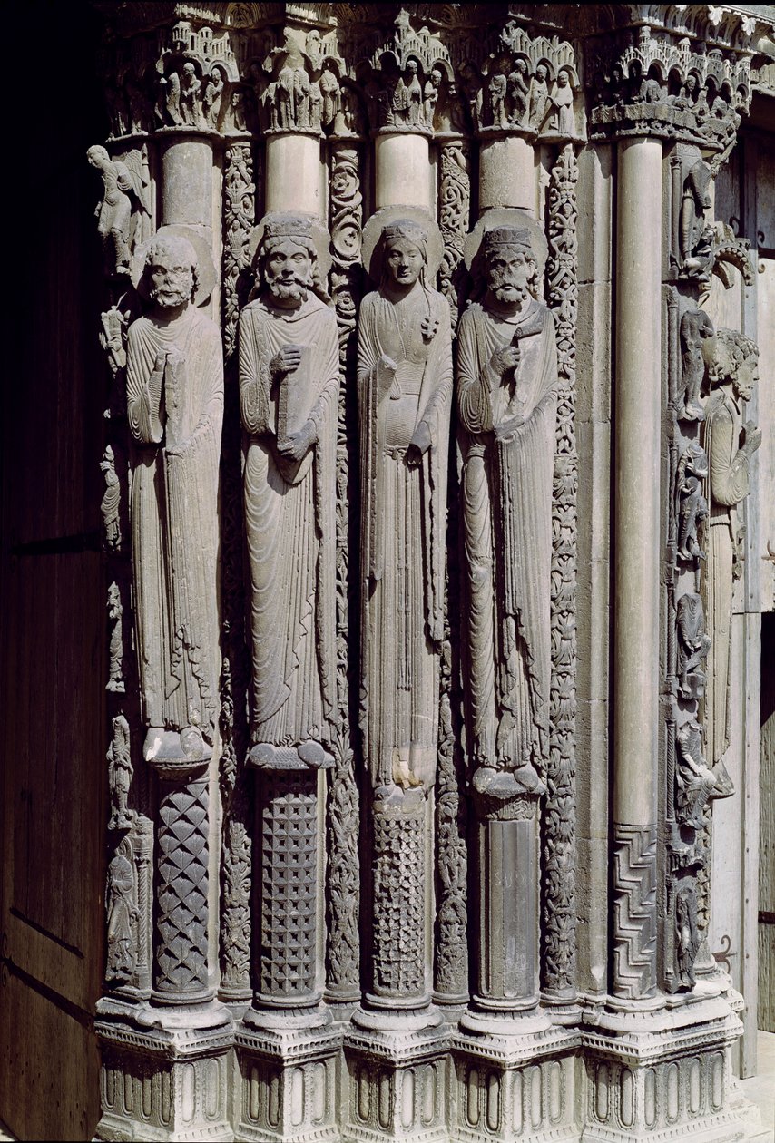 Figure inconnue, le roi Salomon, la reine de Saba et le roi David, figures de jambage du Portail Royal, 1140-55 - French School