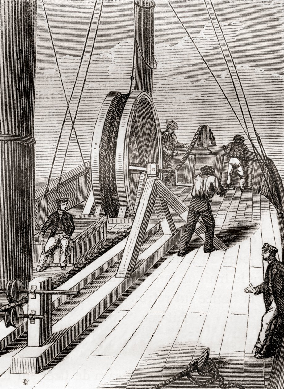 Déroulement du câble sous-marin de Douvres à Calais à bord du Blazer, 25 décembre 1851, des Merveilles de la Science, publié vers 1870 (gravure) - French School