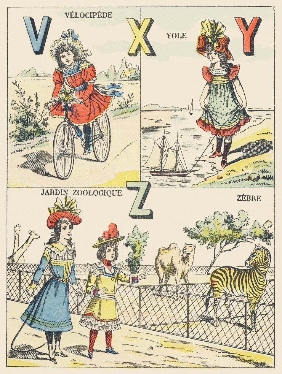 V X Y Z: vélocipède, yole, jardin zoologique, zèbre - French School