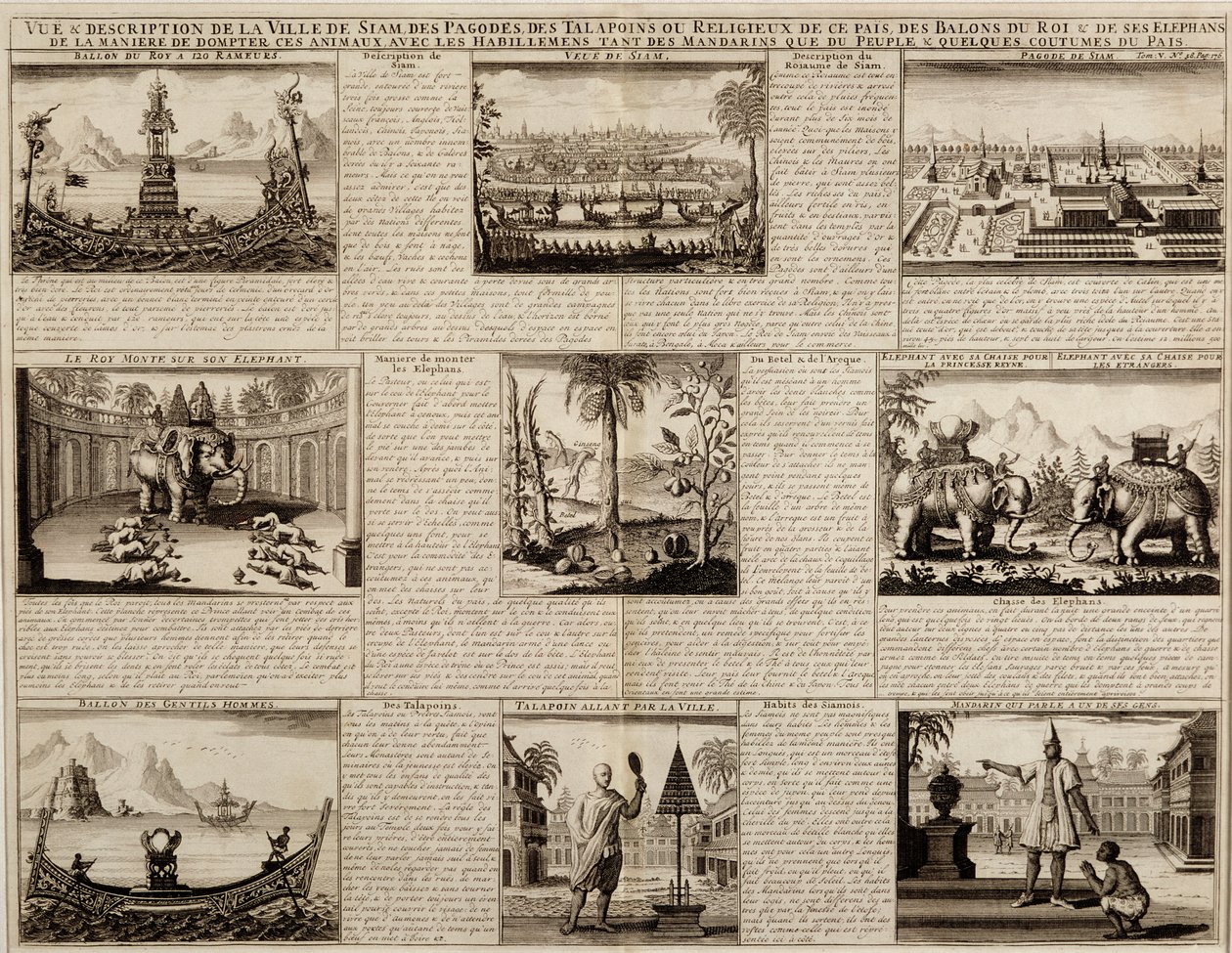 Diverses vues de Siam et Ayutthaya, de Du Royaume de Siam par Simon de la Loubère, publié en 1688 - French School