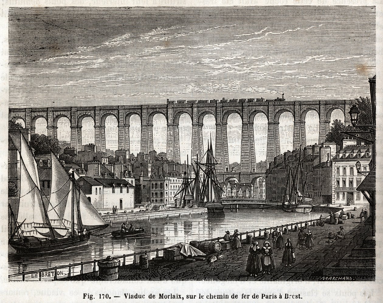 Viaduc de Morlaix, sur la ligne de chemin de fer de Paris à Brest (France). Gravure par Lebreton et Marchand, dans « Les Merveilles de la Science » par Louis Figuier (1819-1894), édition Jouvet et Cie - French School