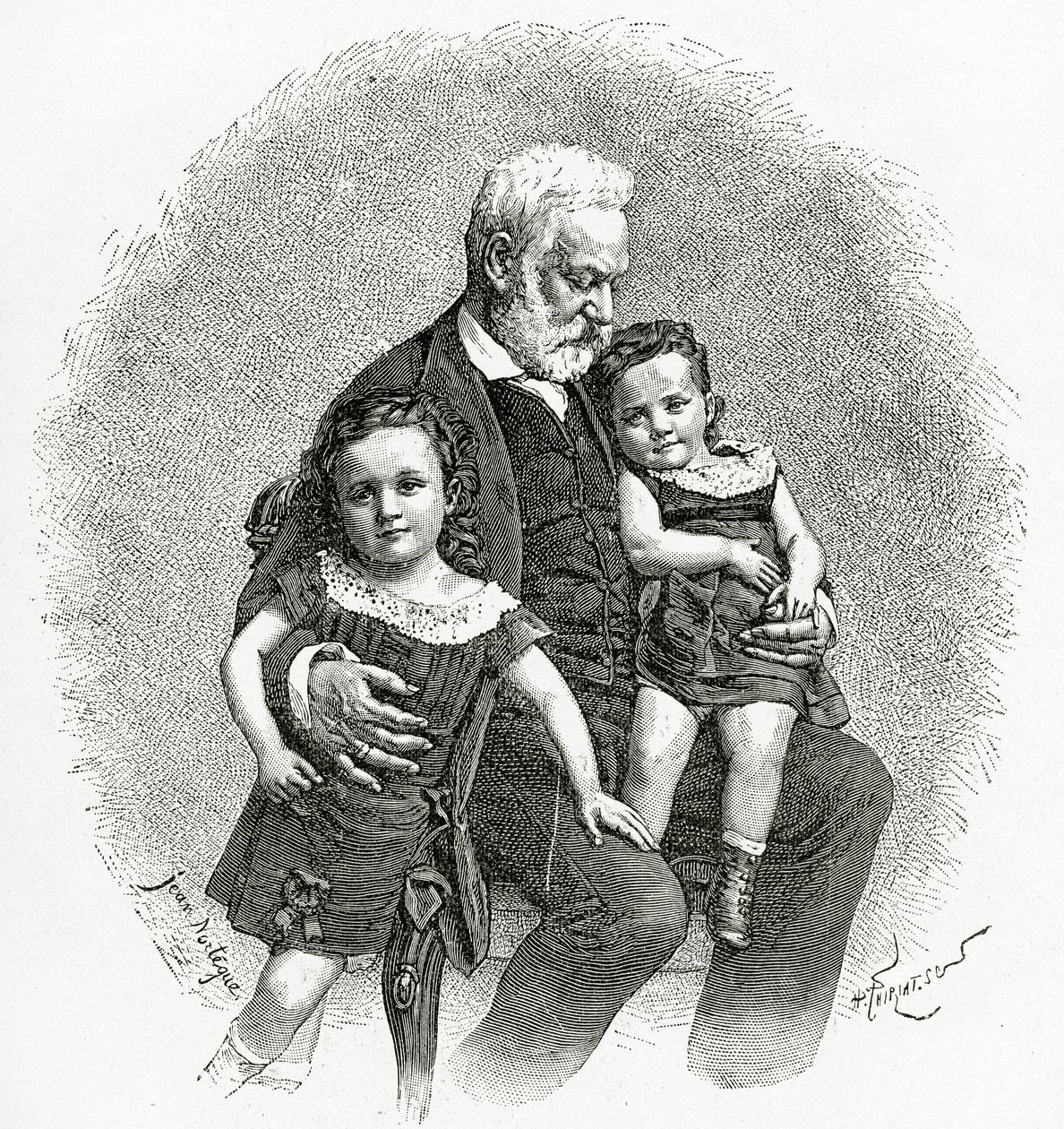 Victor Hugo et ses Petits-Enfants, 19e siècle (gravure en noir et blanc) - French School