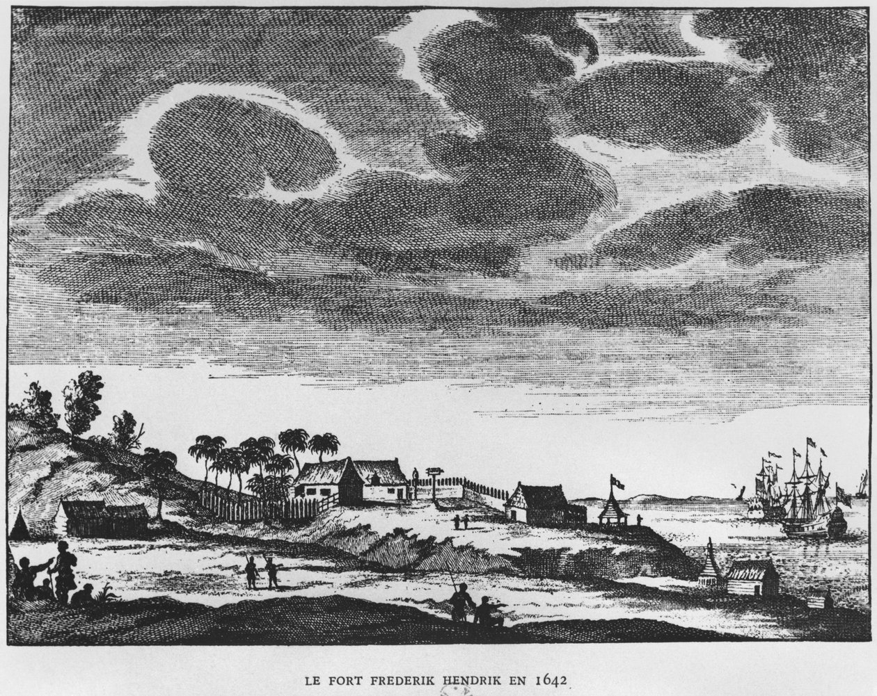 Vue du Fort Frederik Hendrik, Maurice, en 1642, illustration de Le Premier Établissement Néerlandais à Maurice par le prince Roland Bonaparte, 1890 - French School