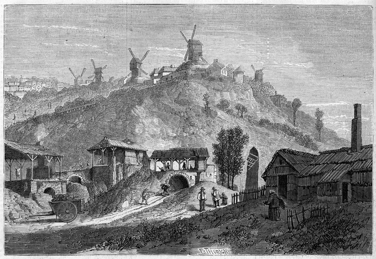 Vue de Montmartre en 1859, avant de rejoindre la ville de Paris en 1860. Vue prise de la plaine Saint Denis. Gravure dans "Le Monde Illustré" n°141 du 24 décembre 1859. - French School