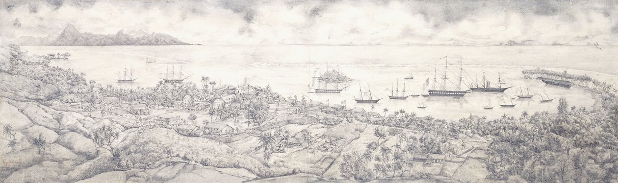 Vue de Papeete, Tahiti, surplombant le port vers Moorea, milieu du 19ème siècle - French School