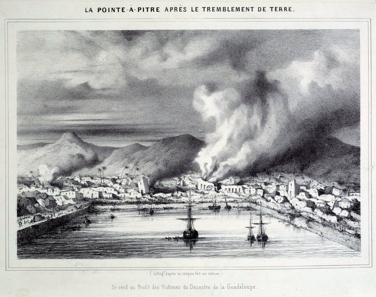 Vue de Pointe-à-Pitre après le tremblement de terre du 08/02/1843. Gravure du 19ème siècle Chartres, Musée des Beaux-Arts - French School