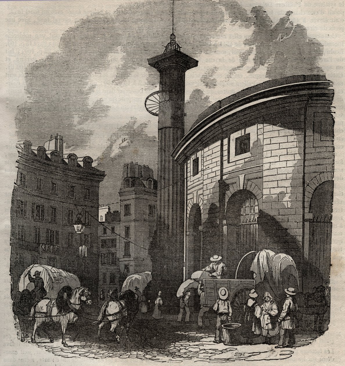 Vue de la halle au blé à Paris (construite en 1763-1769) et de la colonne Médicis, gravure début XIXe siècle - Vue de la Halle au blé, située à l