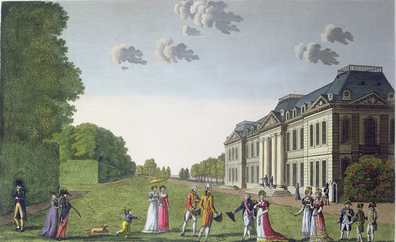 Vue du Château de Bellevue depuis le jardin (gravure en couleur) - French School