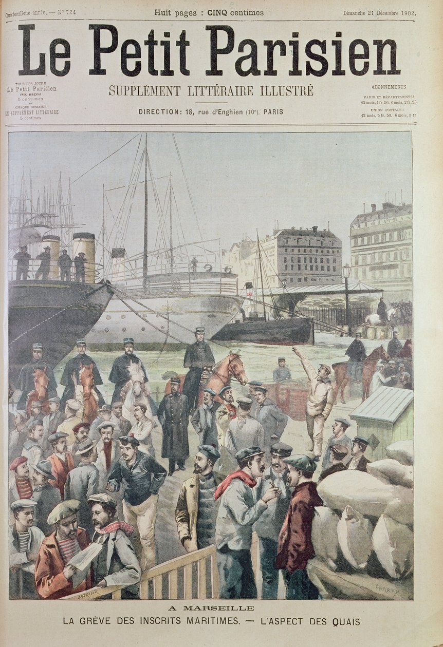 Vue des docks de Marseille pendant la grève maritime, couverture de Le Petit Parisien, 21 décembre 1902 - French School