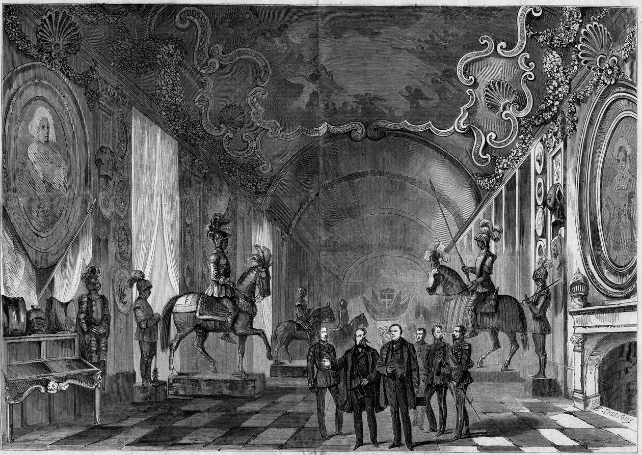 Vue de la salle des armes du Palais de Turin (Italie) lors de la visite du roi Victor Emmanuel II (1820-1878) et du prince Napoléon (1822-1891). - French School