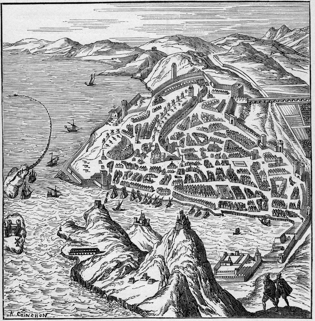 Vue de la ville et du port de Marseille au XVIe siècle. Gravure dans "La Marine et les colonies : commerce" - French School
