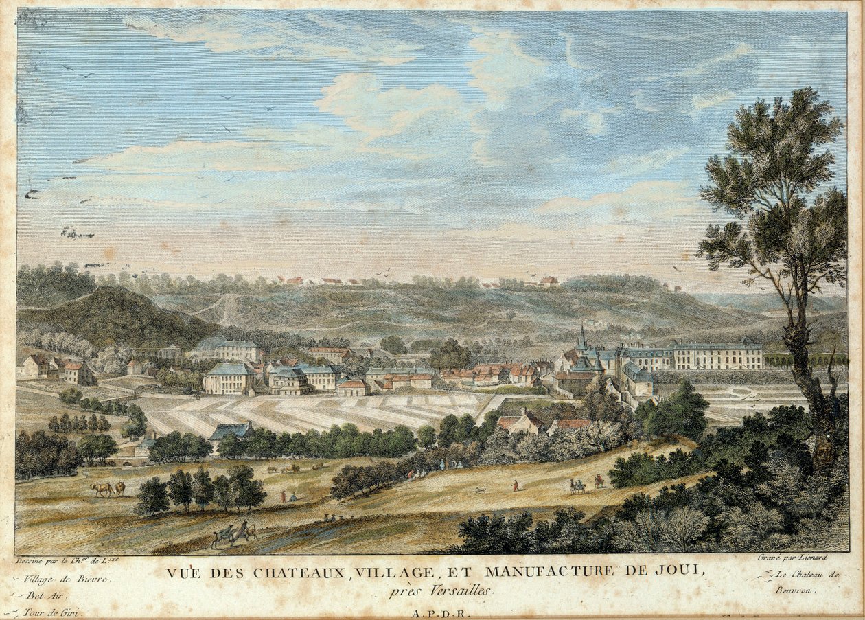 Vue de la ville et de la manufacture de toiles par Christophe Philippe Oberkampf (1738-1815) à Jouy en Josas (Yvelines) (installée en 1758) Lithographie de 1800. Sceaux, musée de l