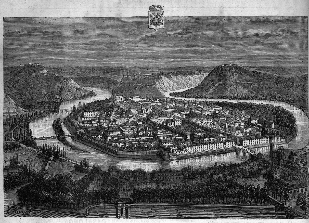Vue de la ville de Besançon dans le Doubs. Gravure de 1880 dans « La république illustrée » collection privée. - French School