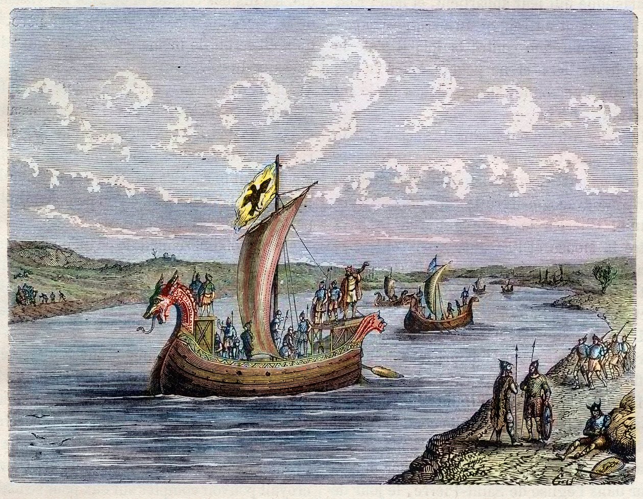 Bateau viking - Drakkar - Navires normands remontant une rivière - gravure dans «L