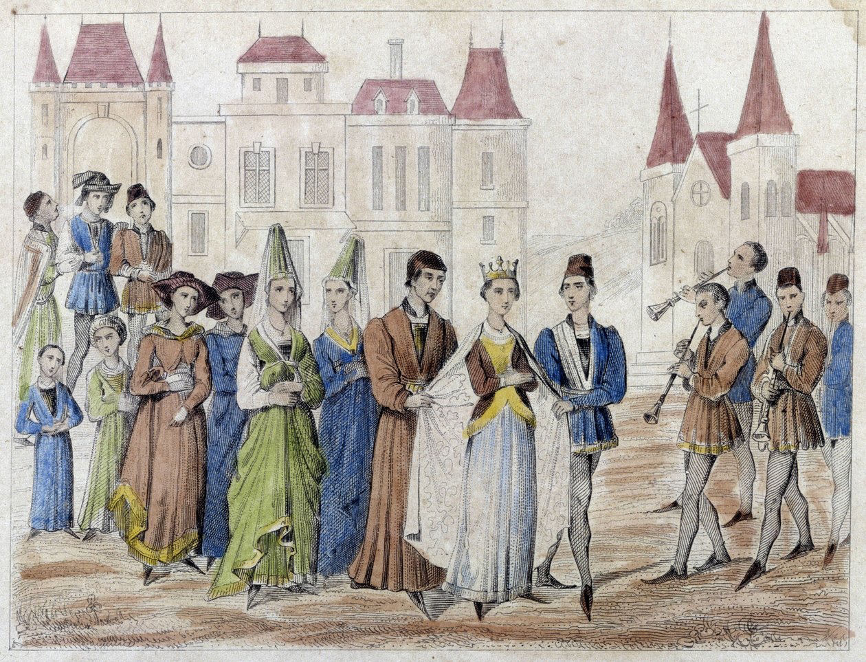 Mariage villageois sous Charles V - Gravure du 19e siècle - French School