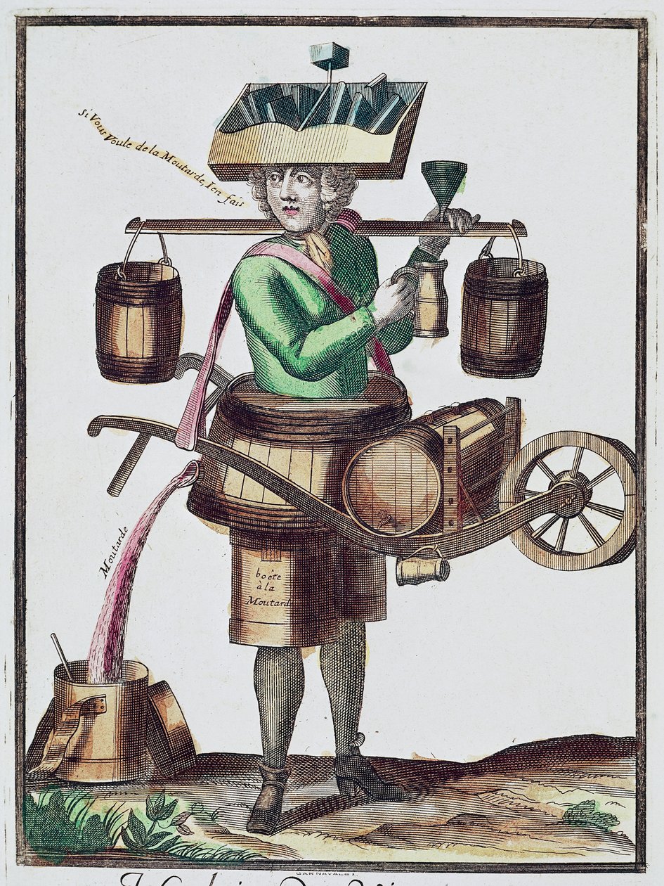Fabricant de vinaigre, gravure en couleur, France - French School