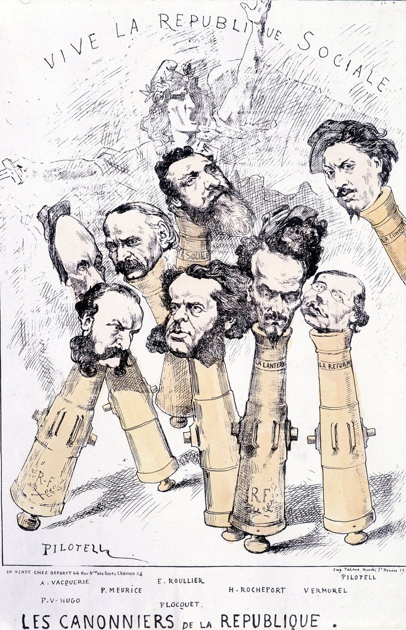 Vive la République sociale - Les canonnières de la République : A. Vacquerie, F.V. Hugo, P. Meurice, E. Roullier, Flocquet, H. Rochefort, Vermorel, Pilotell. Caricature - French School