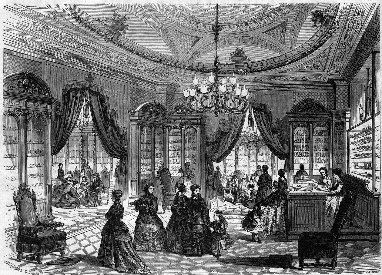 Vue intérieure du magasin de chaussures de M. Herbert, 93 rue de Richelieu à Paris. Gravure dans « Le Monde Illustré » n°613 du 9 janvier 1869 - French School