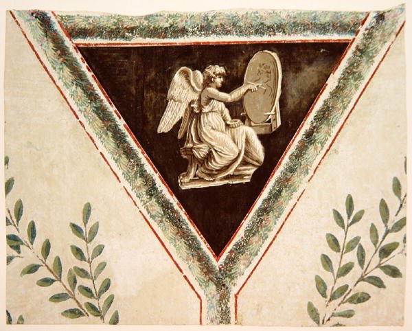 Détail de papier peint représentant un panneau avec un ange - French School