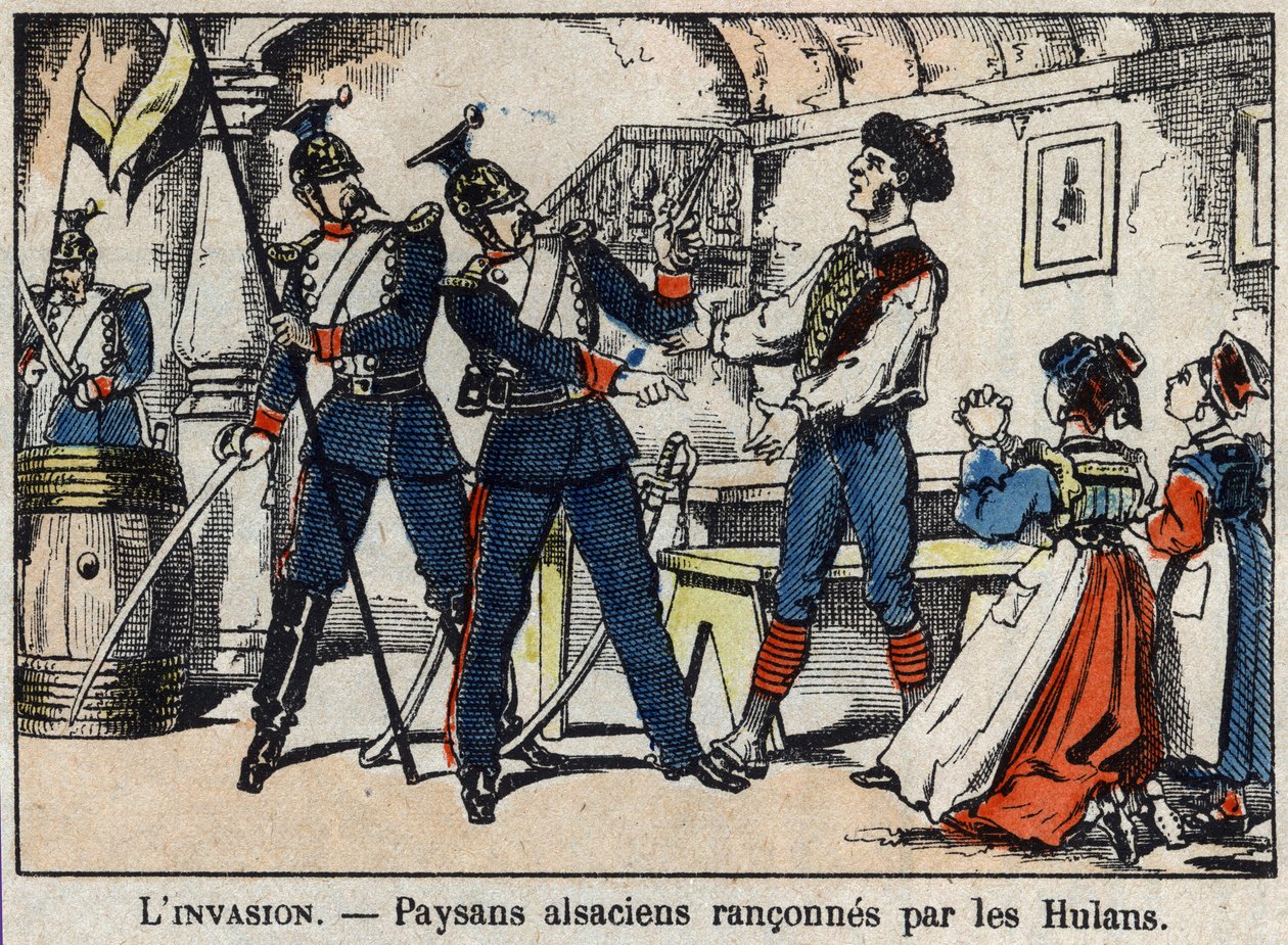 Guerre de 1870 entre la France et la Prusse : paysans alsaciens rançonnés par les Hulans (Uhlans, Houlans) image d