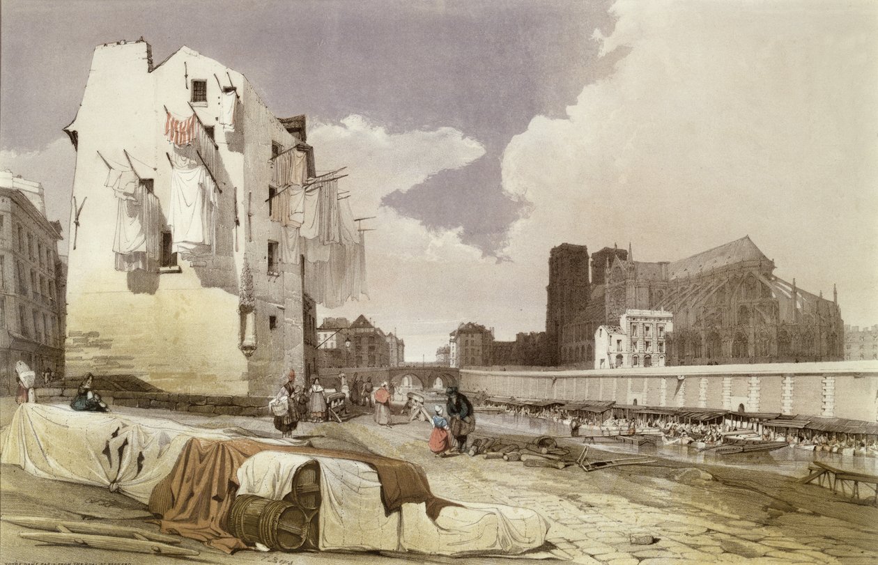 Blanchisseuses aux lavoirs du Quai Montebello, vers 1840 - French School