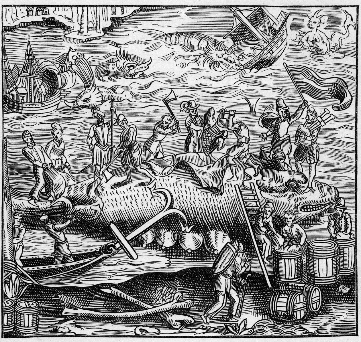 Pêche à la baleine sur la côte atlantique française au Moyen Âge. Gravure dans "La Marine et les colonies: commerce" - French School