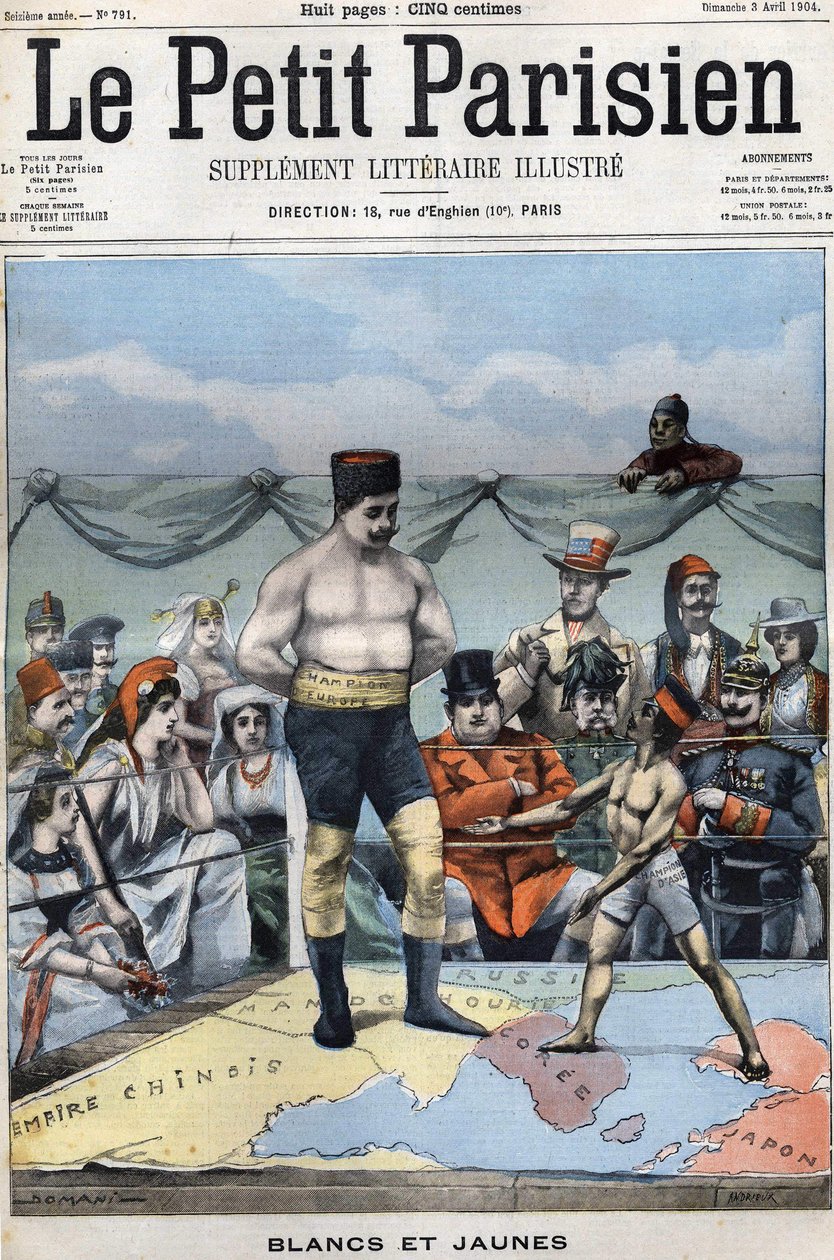 Blanc et Jaune (caricature sur la guerre russo-japonaise: des pays comme la France, les États-Unis, la Chine... regardant le Japon et la Russie boxer). Couverture Le petit Parisien du 3 avril - French School