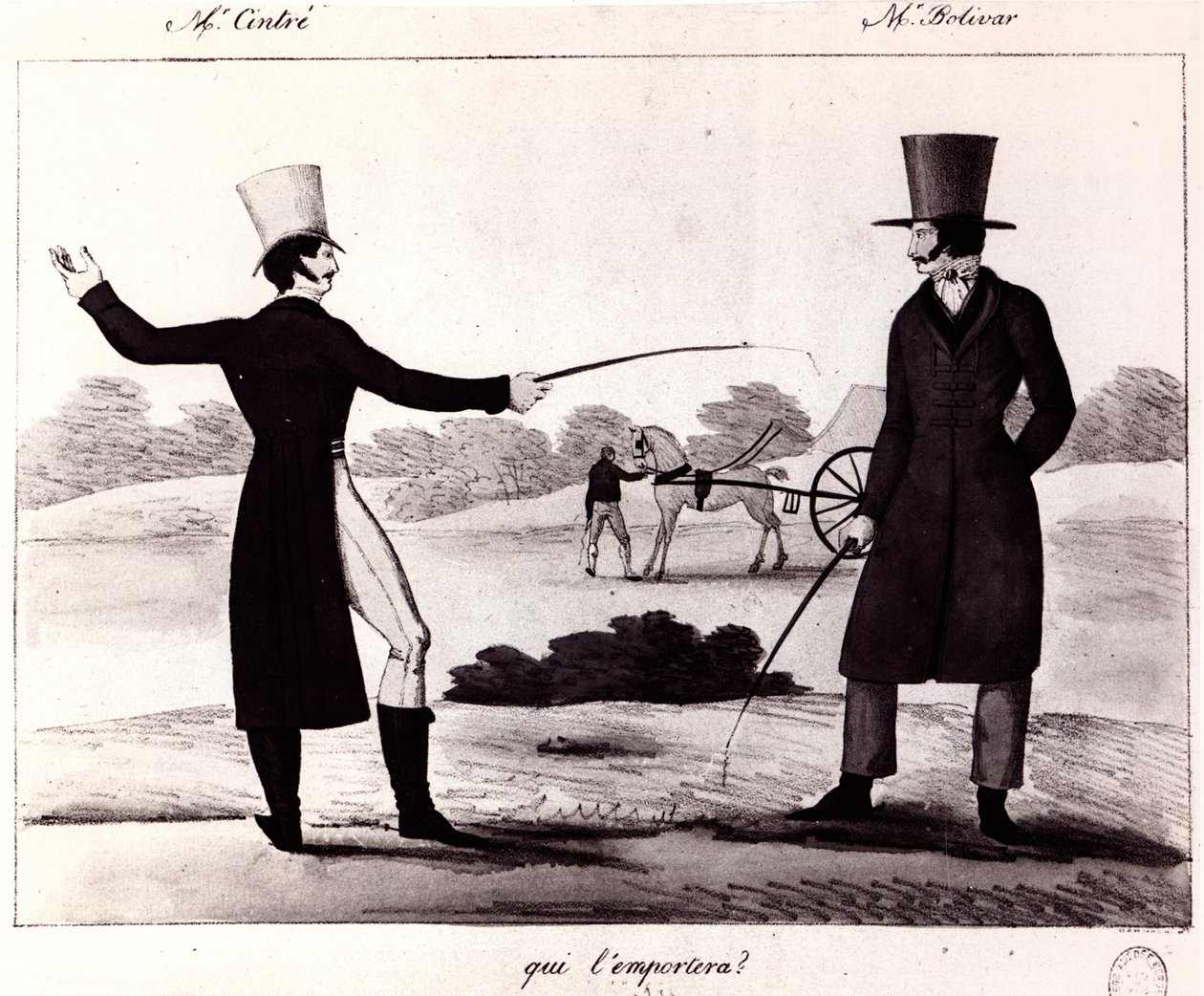Qui va gagner ? Scène du duel entre M. Cintre et M. Bolivar, c.1820 - French School