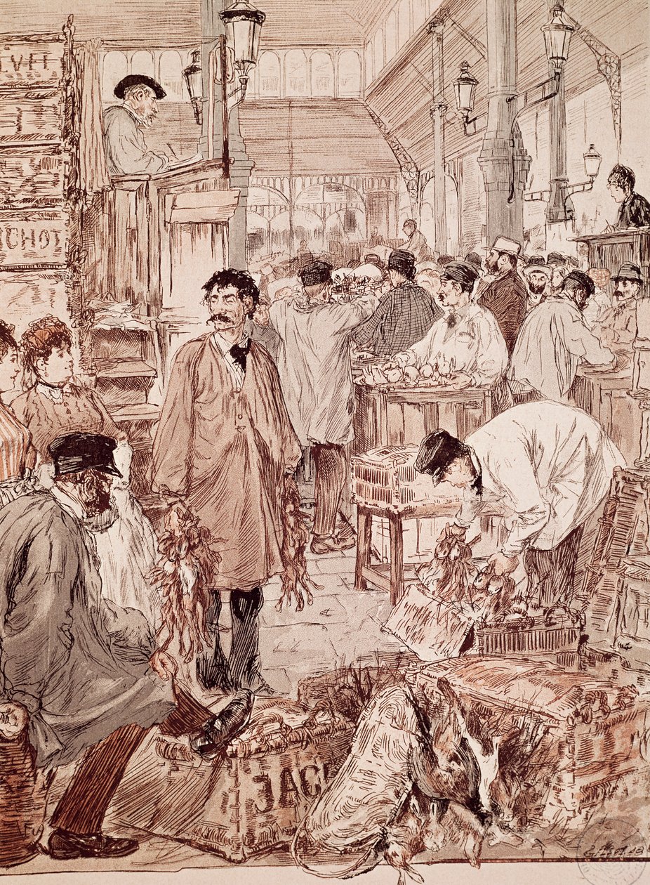 Vente aux enchères de gibier sauvage aux Halles, illustration, Paris, France - French School