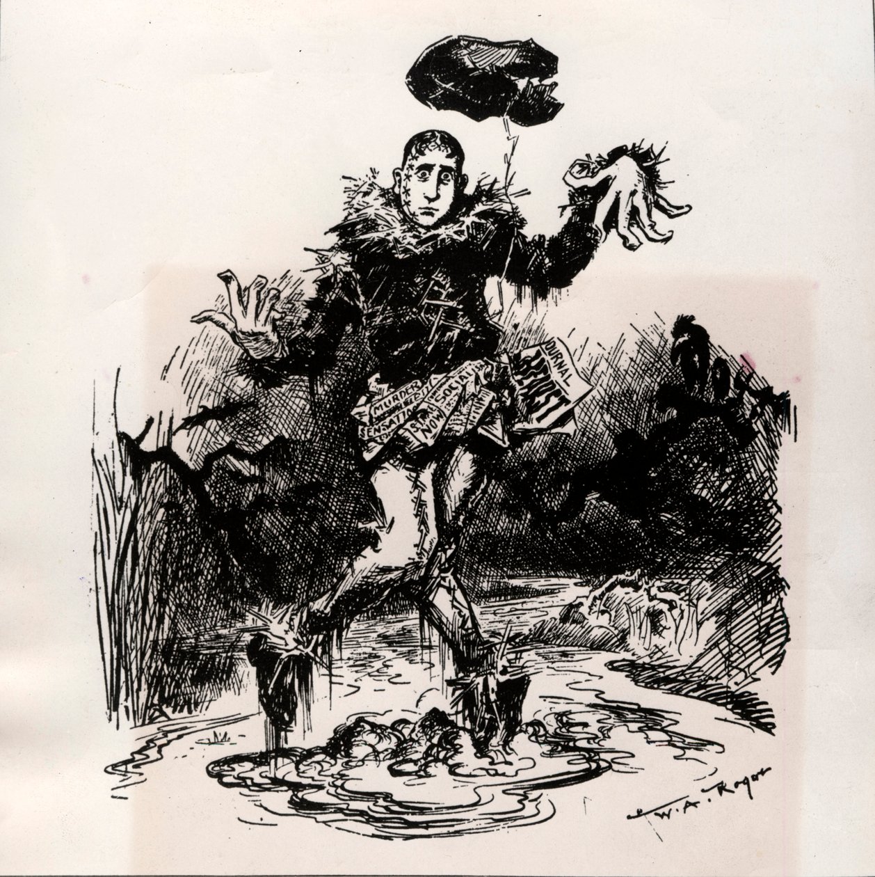 William Hearst, journaliste de presse à sensation, représenté comme un épouvantail dans la boue - Caricature de Harper