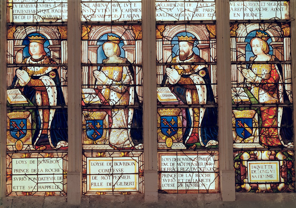 Vitrail représentant Louis de Bourbon (1465-1520) Prince de La Roche-sur-Yon, Louise de Bourbon (d.1561) Comtesse de Montpensier, Louis II de Bourbon (1513-82) Duc de Montpensier et Jacquette de Longwy - French School
