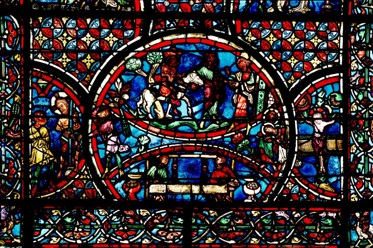 Vitrail représentant le Bon Samaritain et la Guilde des Tisserands - French School