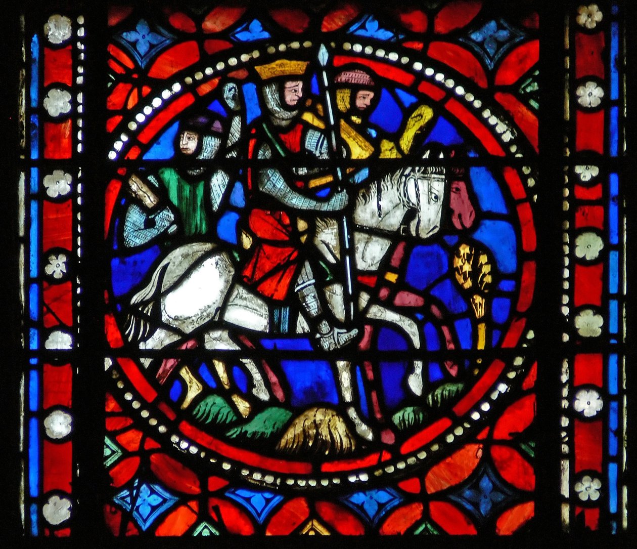 Fenêtre s1-R représentant une scène du voyage de Saint Bonnet à Rome ; les chevaliers reviennent de la bataille - French School