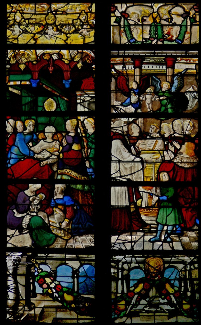Fenêtre w107 représentant des scènes de la vie de Saint Claude : sa naissance et son baptême - French School