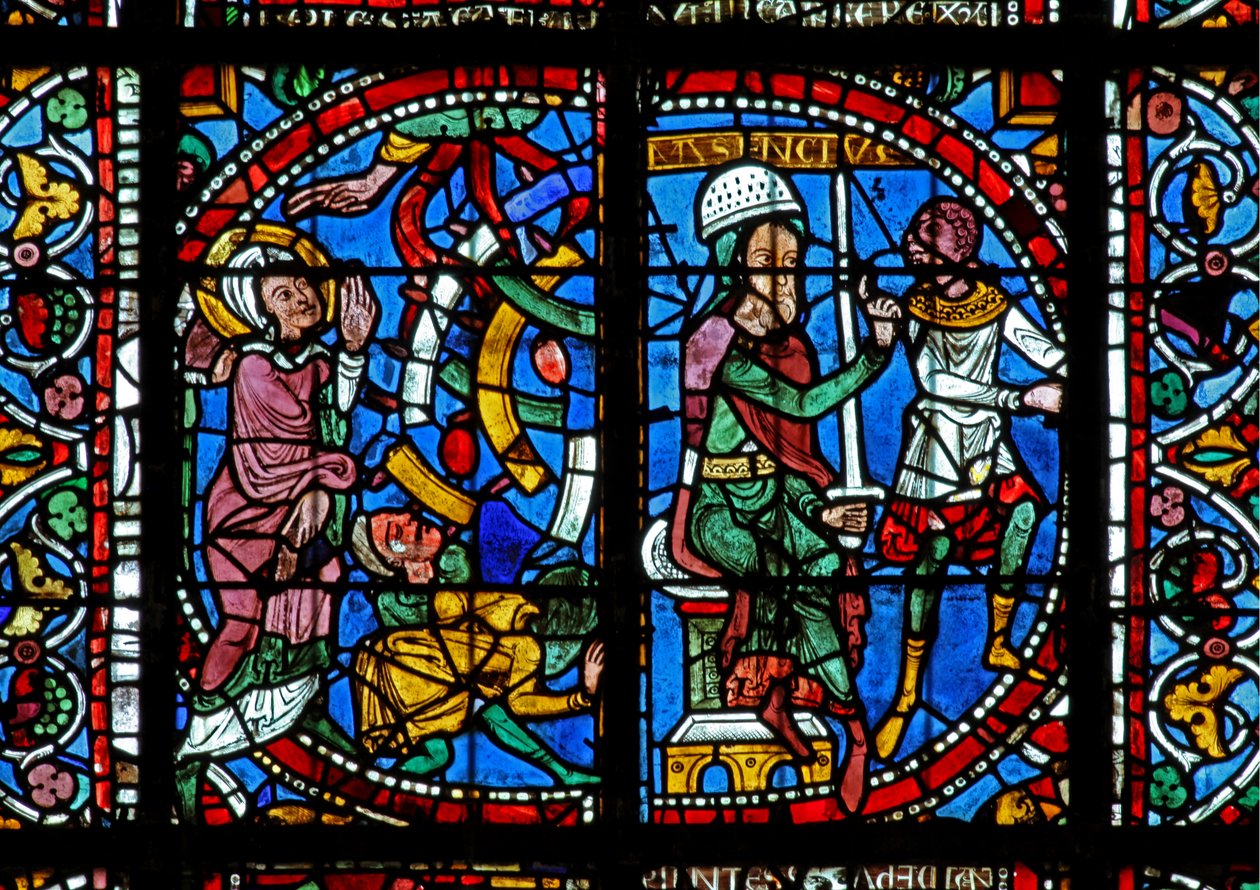Fenêtre w125 représentant une scène de la vie de Sainte Catherine : Maxence ordonne de la briser sur la roue - French School