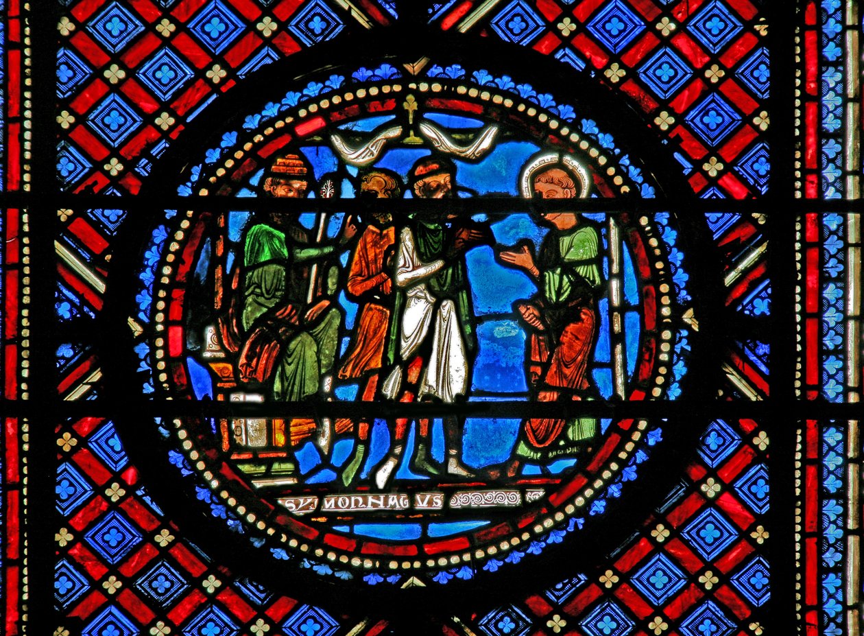 Fenêtre w14 représentant Simon le Magicien et Saint Pierre devant Hérode - French School