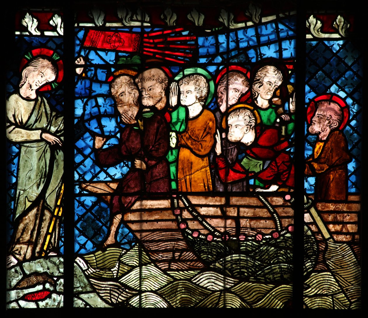 Fenêtre w14 représentant une scène de Résurrection : la pêche miraculeuse - French School