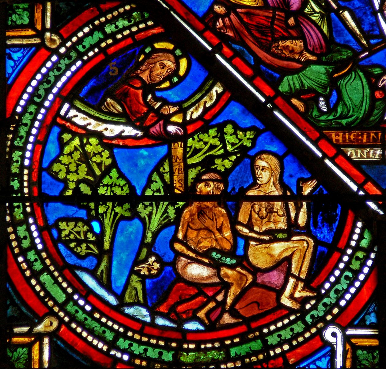 Fenêtre du Bon Samaritain : Adam et Ève couvrent leur nudité - French School